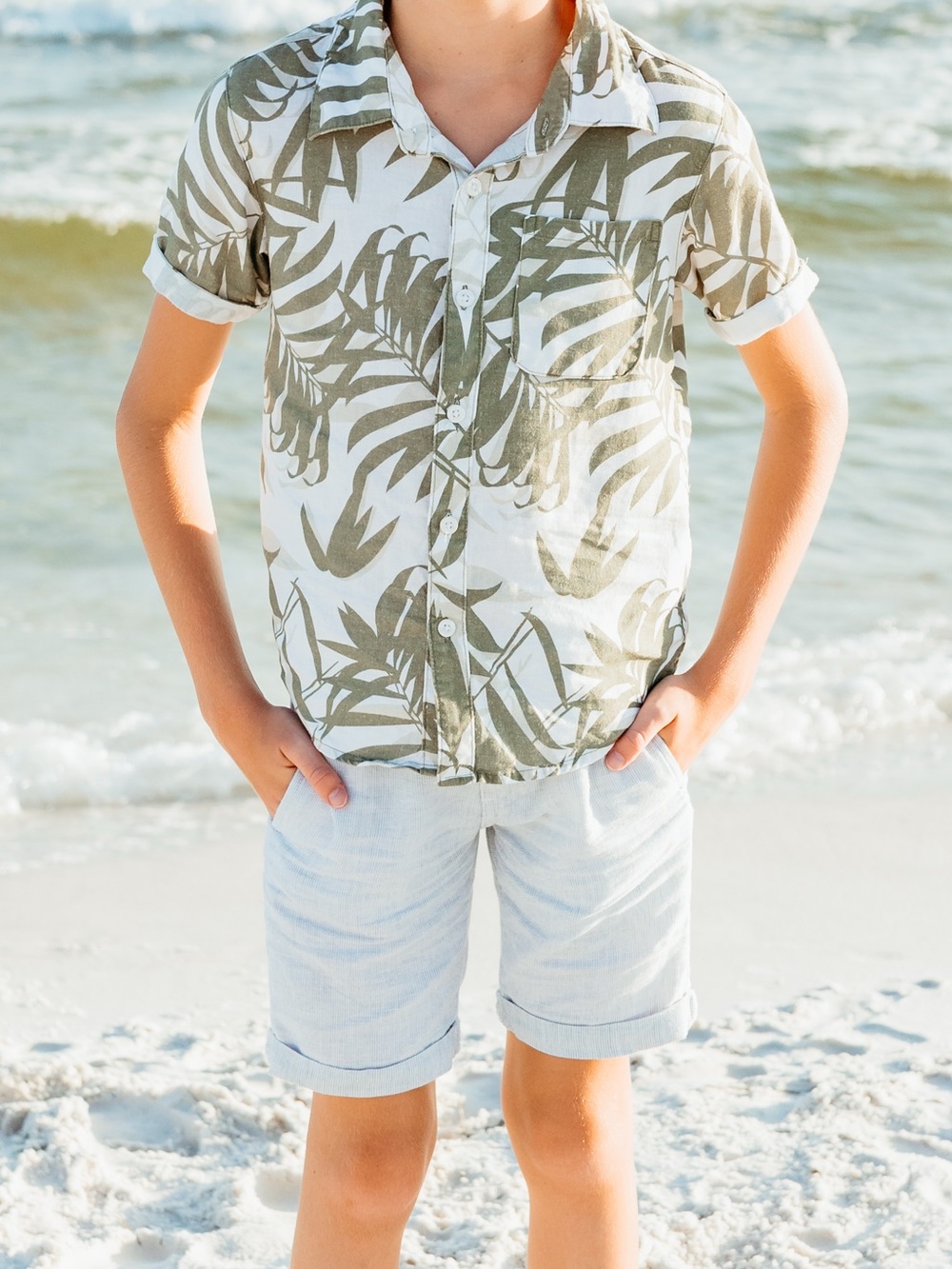 Appaman Boys Short Sleeve Palm Leaf Button-Down Olive Green Cream Tropical 8